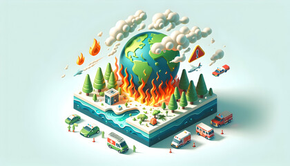 3D Flat Eco Emergency Banners Urging Action Against Carbon-Induced Disasters in Isometric Global Warming Scene