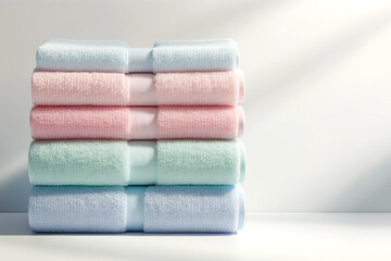 stack of soft terry towels of pastel colors on a white background, copy space