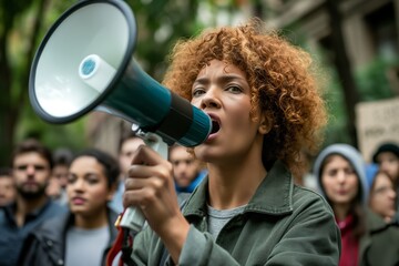 Woman speaking into megaphone at protest - 796804921
