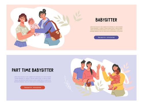 Babysitting agency for child promotional flyers set. Babysitting and nanny services, agency offers professional child care services. Vector banners set.