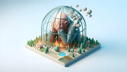 Fotobehang 3D Isometric Greenhouse Grief Presentation: Conveying the Effects of Greenhouse Gases and Global Warming in a Flat Icon © Gohgah