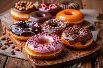 A table full of donuts with different toppings and colors. The donuts are arranged in a row and some of them are chocolate