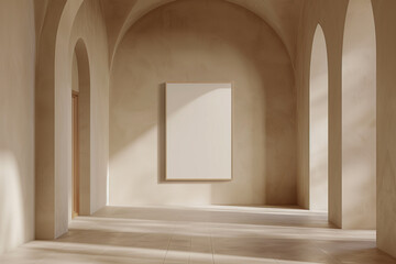 a large frame mockup hanging on the wall in a minimalistic interior with beige colored walls and arched doorways. 3D render