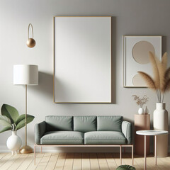 Diseño interior escandinavo de sala de estar con consola de madera, anillos en la pared, marco de póster simulado, flores en jarrón y elegantes accesorios personales