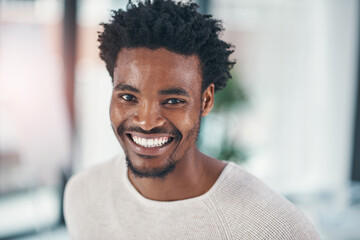 Happy, portrait and black man with joy for creative career, ambition or positive attitude at...