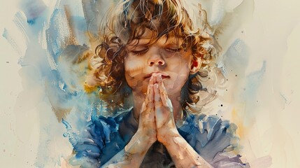 Praying little child with folded hands