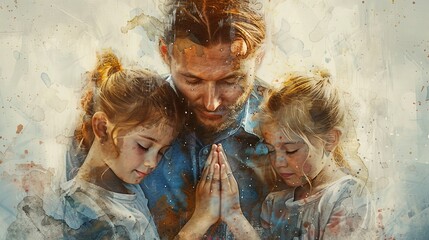 Painting of a father and daughters praying together, watercolour background