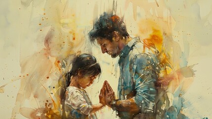 Painting of a father and daughter praying together, watercolour background