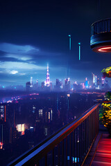 futuristic balcony overlooking a dystopian cityscape digital rain falling led lights illuminating, night view of the city background 