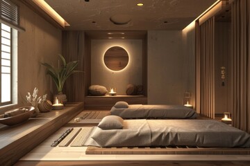 Massage room of wellness spa furniture bedroom interior design. - obrazy, fototapety, plakaty