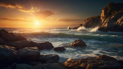 Fototapeta premium Amazing sunset over the coast and sea