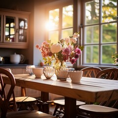 a sun drenched kitchen, featuring a wooden table adorned with fresh blooms, set against the backdrop of stunning windows that frame the scene.