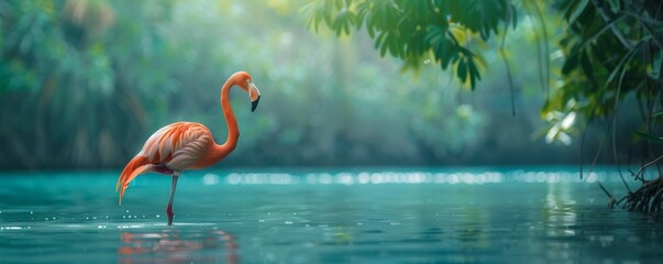 Serene flamingo by water in lush habitat