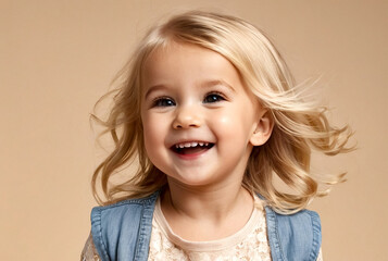 Portrait (face) of laughing blonde little girl at beige background, looking away, casual clothes. Child posing in studio, childhood positive emotions. Close up, copy text space