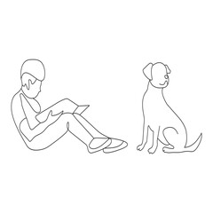continuous one single  line art drawing of happy pet lover with dog.
