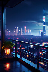 futuristic balcony overlooking a dystopian cityscape digital rain falling led lights illuminating,night  view of the city background 