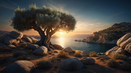 Landscape of beautiful olive tree over the coast