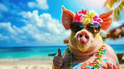 Summer background, A Pig with hawaiian costume tropical palm and beach background