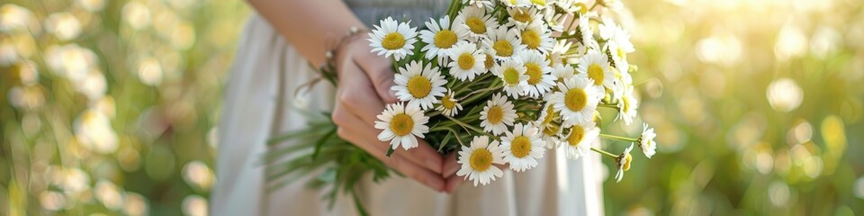 A woman holds a fresh, sunlit bouquet of daisies