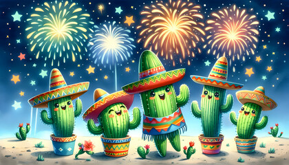 "Cartoon Cacti Enjoying a Carnival Night with Watercolor Fireworks for Cinco de Mayo" - Photo Real as Cacti Carnival Night Concept in Photo Stock Concept