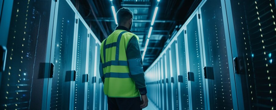 Worker walking through modern data center aisle - Powered by Adobe