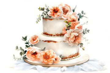 Obraz na płótnie Canvas Two-tiered cake decorated with flowers, watercolor illustration