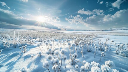 A breathtaking landscape photograph capturing a vast expanse of snow-covered fields dotted with frozen wildflowers, their petals shimmering like tiny jewels under the winter sun.