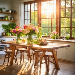 Fototapeta na wymiar a sun drenched kitchen, featuring a wooden table adorned with fresh blooms, set against the backdrop of stunning windows that frame the scene.