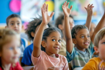 Fototapeta premium Eager young students raise their hands high in a brightly lit classroom, full of enthusiasm. Generative AI