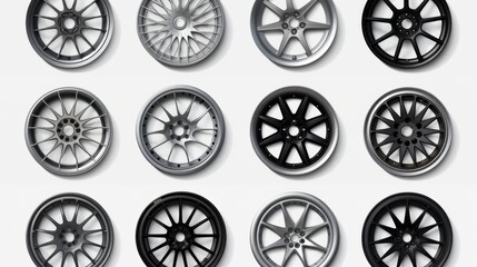 a complete  big set of car wheels with modded rims realistic on a white background 