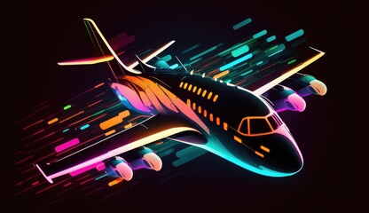 Fototapeta na wymiar a portrait futuristic airplane with sleek lines and colorful lights, set against a dark, abstract background, abstract neon design of a glowing, AI Generative