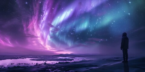 Fototapeta premium Scientist at the Ethereal Beauty of the Northern Lights in a Serene Wilderness Landscape