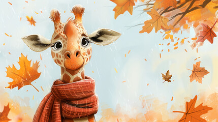 animated cartoon character of a lovable giraffe wrapped in a warm scarf, ready to embrace the autumn season - obrazy, fototapety, plakaty