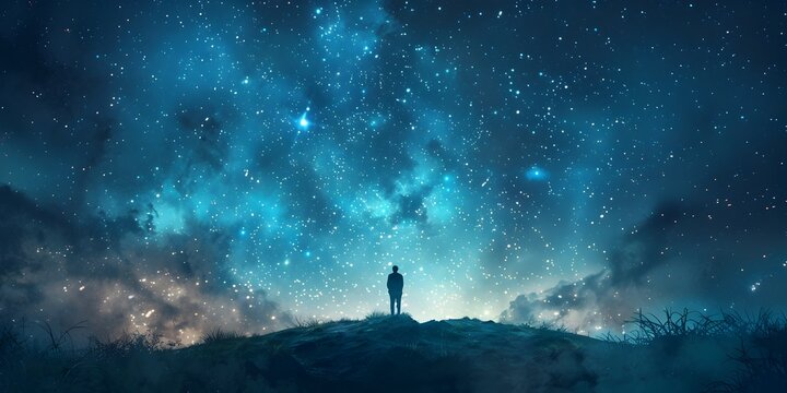A lone figure silhouetted against a stunning starry night sky their gaze fixed upwards as they explore the wonders of the cosmos