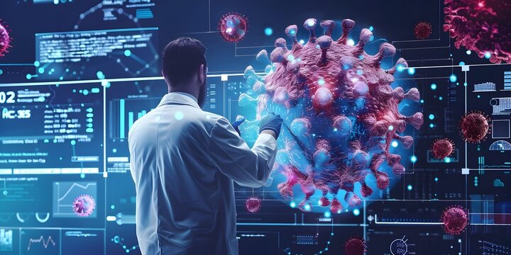 Scientist Examining Virus Structure and Genetic Blueprint Using Advanced Digital Technology