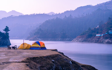 outdoor camping  on the lake in Nepal.