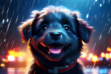 portrait of a dog, cute puppy smiling at camera digital rain falling led lights illuminating the scene