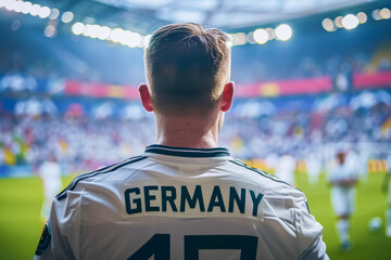 German football soccer fans in a stadium supporting the national team, view from behind, Die Mannschaft
