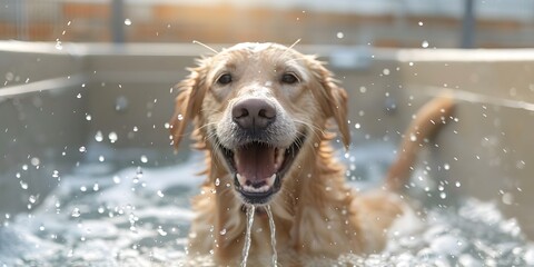 Playful Golden Retriever Splashing with Joy During Therapeutic Bath