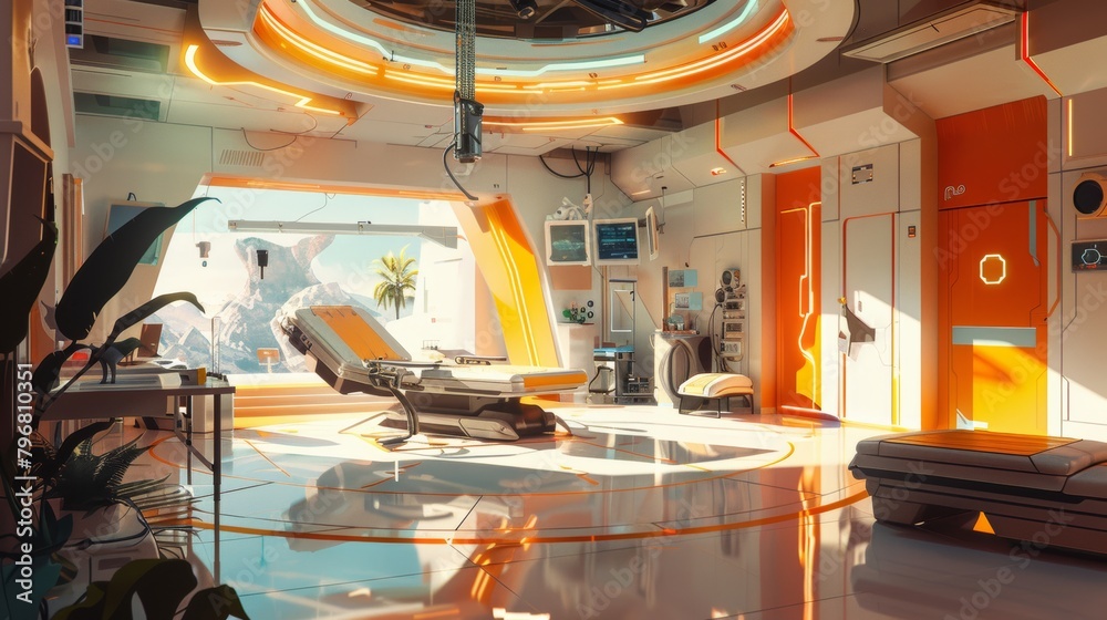 Poster a captivating illustration of a futuristic hospital, blending advanced technology with a warm and in