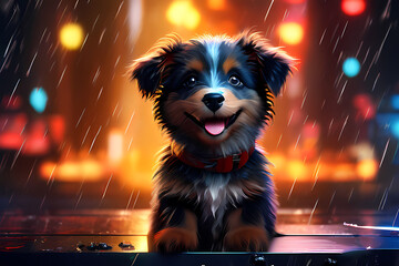 Portrait of dog with christmas lights on the street, cute puppy smiling at camera digital rain falling led lights illuminating the scene