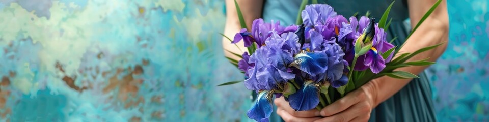 A woman hands gracefully holding a bouquet of striking purple irises