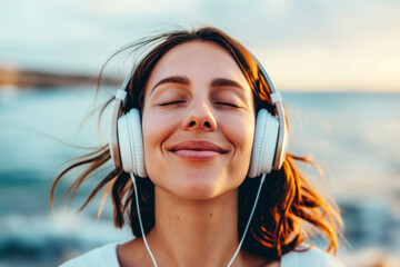 Smiling woman enjoying music by the sea - 796810350