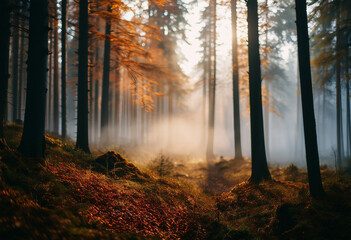 Fototapeta premium Mystical Autumn Fog in Black Forest Enchanting Landscape with Rising Fog Autumnal Trees