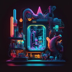 a creative futuristic laboratory with neon colored chemicals and machinery, n abstract neon design of a glowing, set against a dark, abstract background, AI Generative
