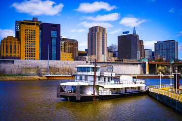 St. Paul City skyline and moored ship on the Mississippi River in Minnesota, United States