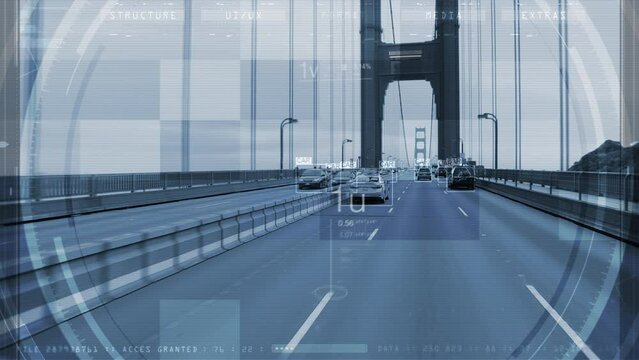 POV Cars over Golden Gate Bridge. Computer Vision showing Objects and Information over Highway in San Francisco. Artificial Intelligence, Traffic Control, Futuristic Technology. 
