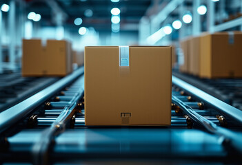 Closeup of multiple cardboard box packages seamlessly moving along a conveyor belt in a warehouse line delivery package lost and found - Powered by Adobe