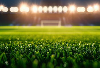 Lawn in the soccer stadium Football stadium with lights Grass close up in sports arena background...