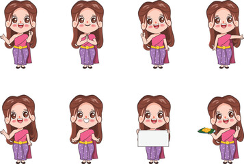 Character of traditional dress Thai girl or young woman gesture poses. Cartoon vector hand drawn chibi doodle style. Welcome to Thailand concept.